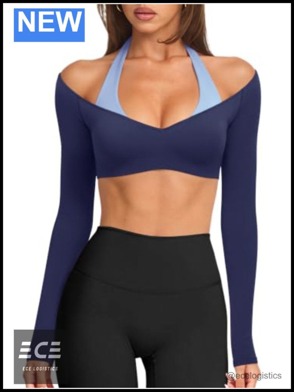 Womens Halter Crop Top Long Sleeve Workout Top Built in Bra V Neck